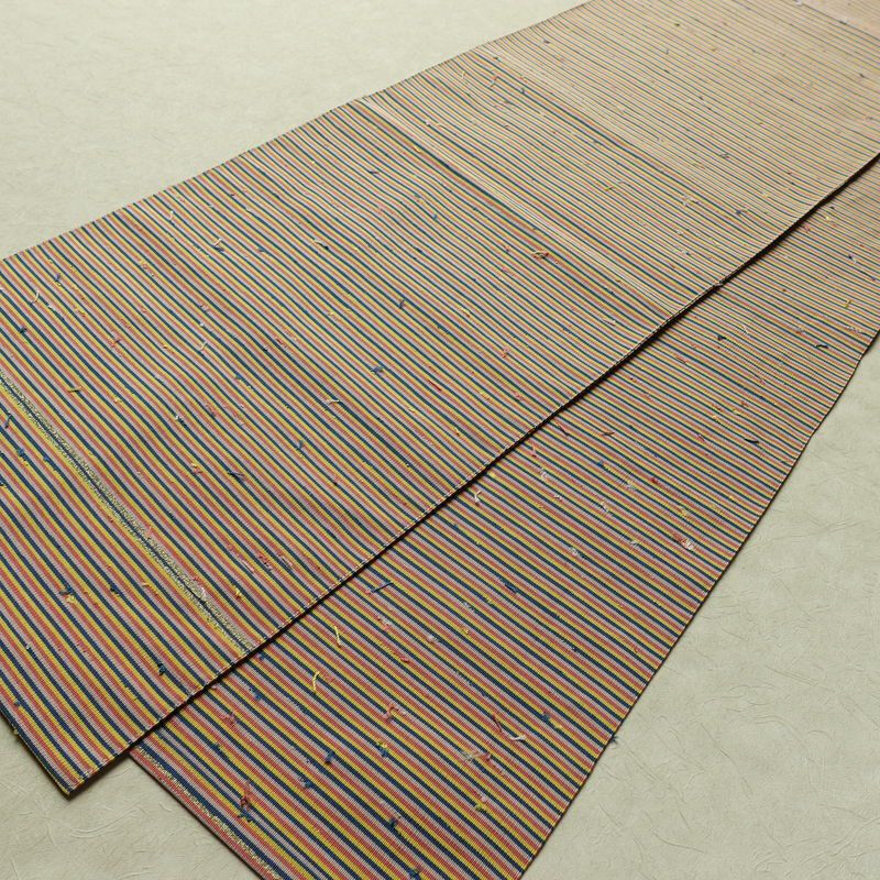 名古屋帯 髭紬 全通柄 美品 正絹 縞柄・線柄 通し仕立て なごや帯 リサイクル帯 帯 多色使い_画像8