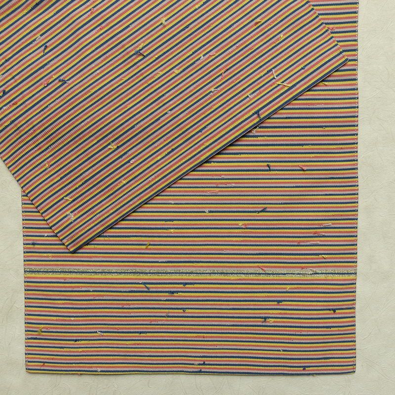 名古屋帯 髭紬 全通柄 美品 正絹 縞柄・線柄 通し仕立て なごや帯 リサイクル帯 帯 多色使い_画像12