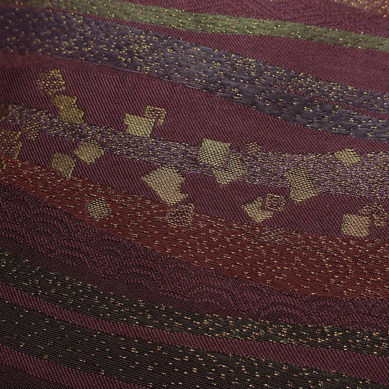 名古屋帯 六通柄 良品 正絹 縞柄・線柄 名古屋仕立て なごや帯 リサイクル帯 帯 箔 紫・藤色_画像6