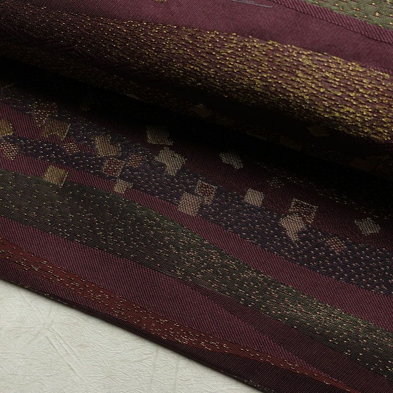 名古屋帯 六通柄 良品 正絹 縞柄・線柄 名古屋仕立て なごや帯 リサイクル帯 帯 箔 紫・藤色_画像7