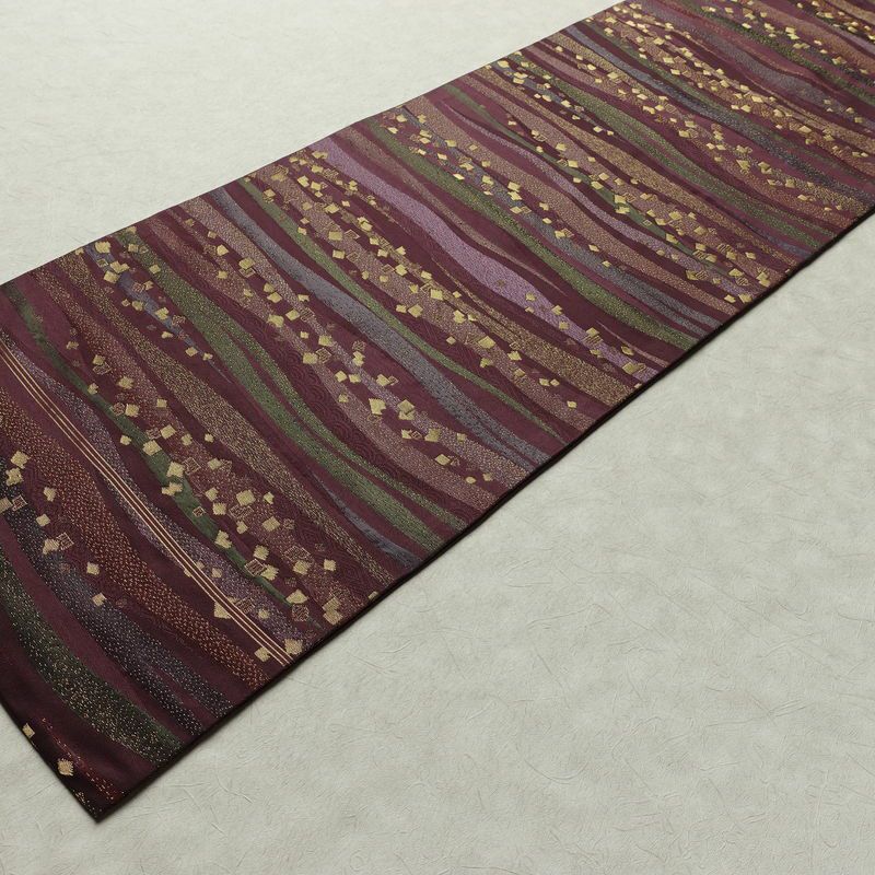 名古屋帯 六通柄 良品 正絹 縞柄・線柄 名古屋仕立て なごや帯 リサイクル帯 帯 箔 紫・藤色_画像8