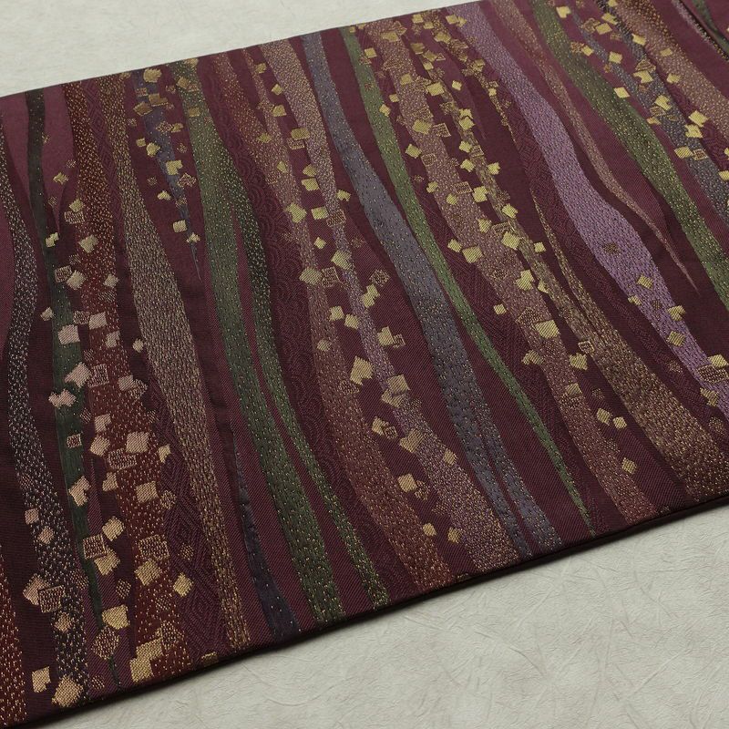 名古屋帯 六通柄 良品 正絹 縞柄・線柄 名古屋仕立て なごや帯 リサイクル帯 帯 箔 紫・藤色_画像11