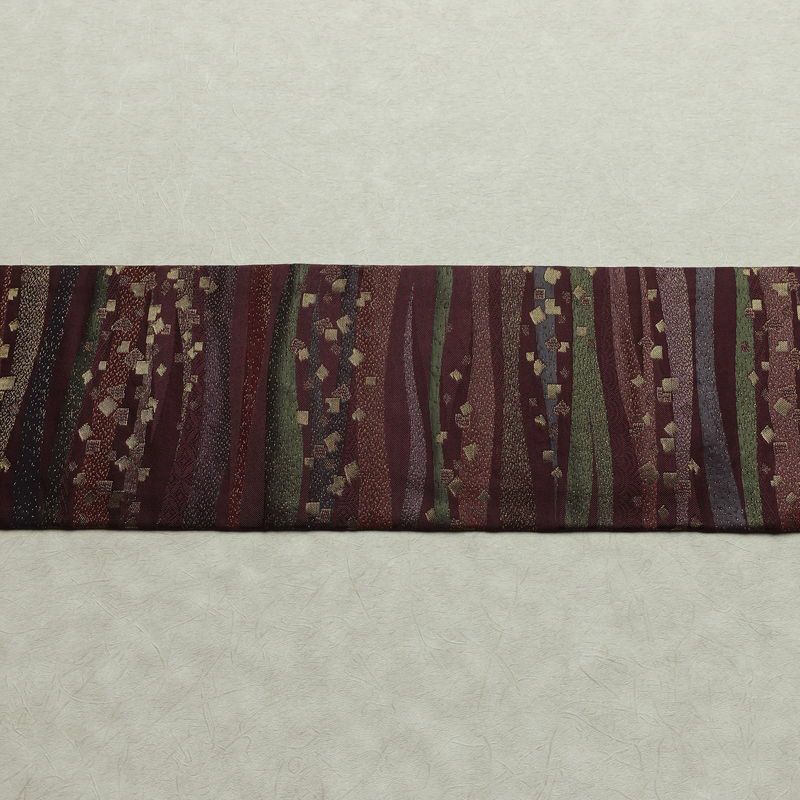 名古屋帯 六通柄 良品 正絹 縞柄・線柄 名古屋仕立て なごや帯 リサイクル帯 帯 箔 紫・藤色_画像13