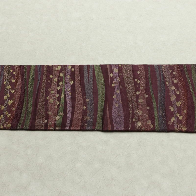 名古屋帯 六通柄 良品 正絹 縞柄・線柄 名古屋仕立て なごや帯 リサイクル帯 帯 箔 紫・藤色_画像14