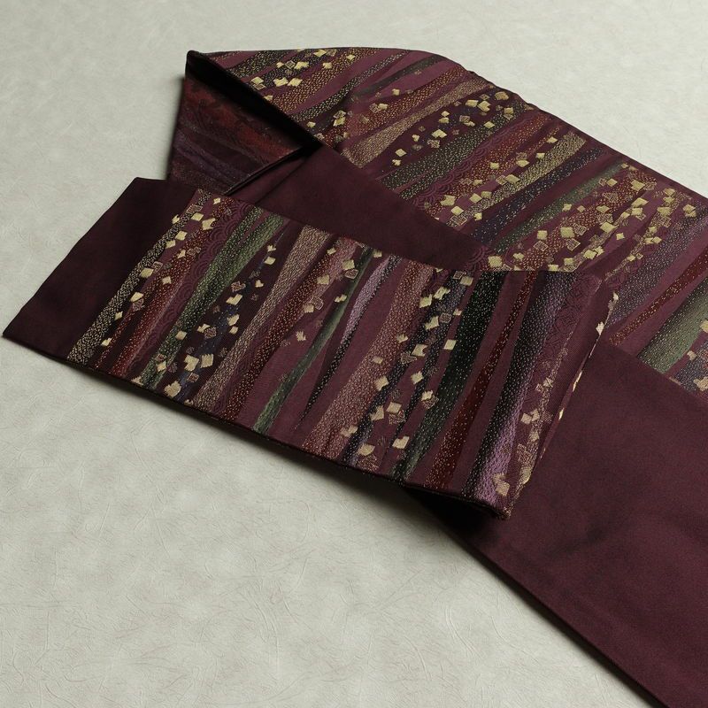 名古屋帯 六通柄 良品 正絹 縞柄・線柄 名古屋仕立て なごや帯 リサイクル帯 帯 箔 紫・藤色_画像20