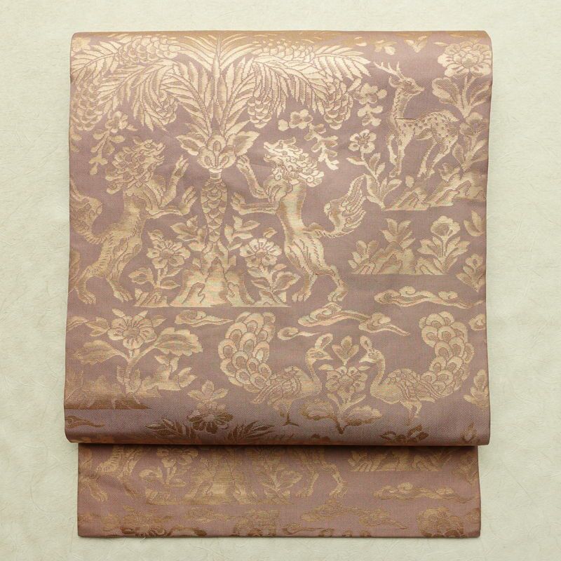 名古屋帯 六通柄 正絹 幾何学柄・抽象柄 名古屋仕立て なごや帯 リサイクル帯 帯 箔 小豆・エンジ_画像1