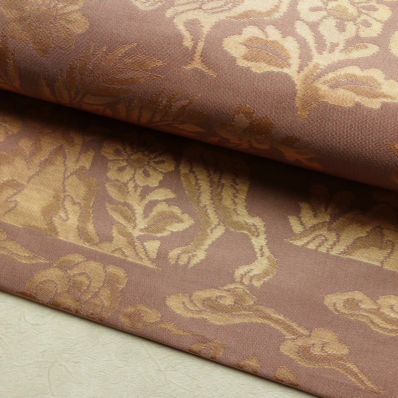 名古屋帯 六通柄 正絹 幾何学柄・抽象柄 名古屋仕立て なごや帯 リサイクル帯 帯 箔 小豆・エンジ_画像9