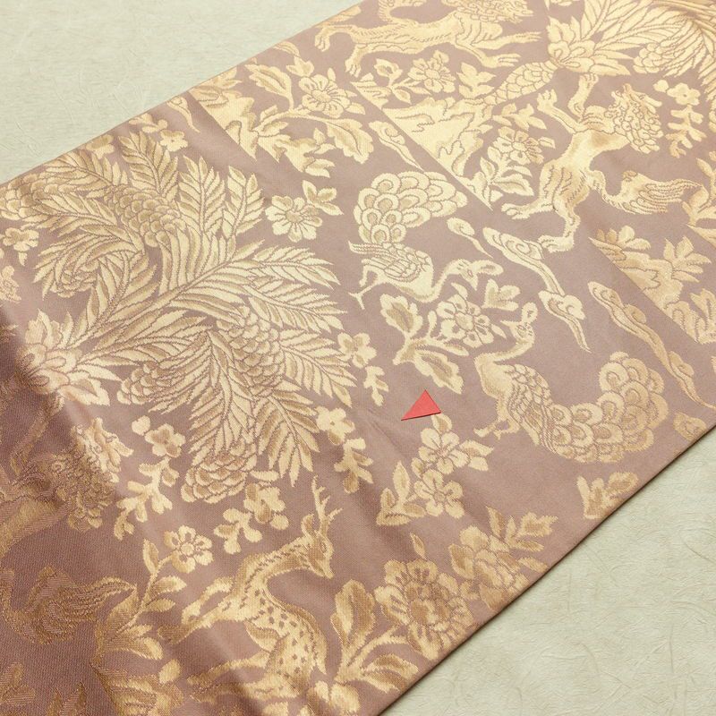 名古屋帯 六通柄 正絹 幾何学柄・抽象柄 名古屋仕立て なごや帯 リサイクル帯 帯 箔 小豆・エンジ_画像13