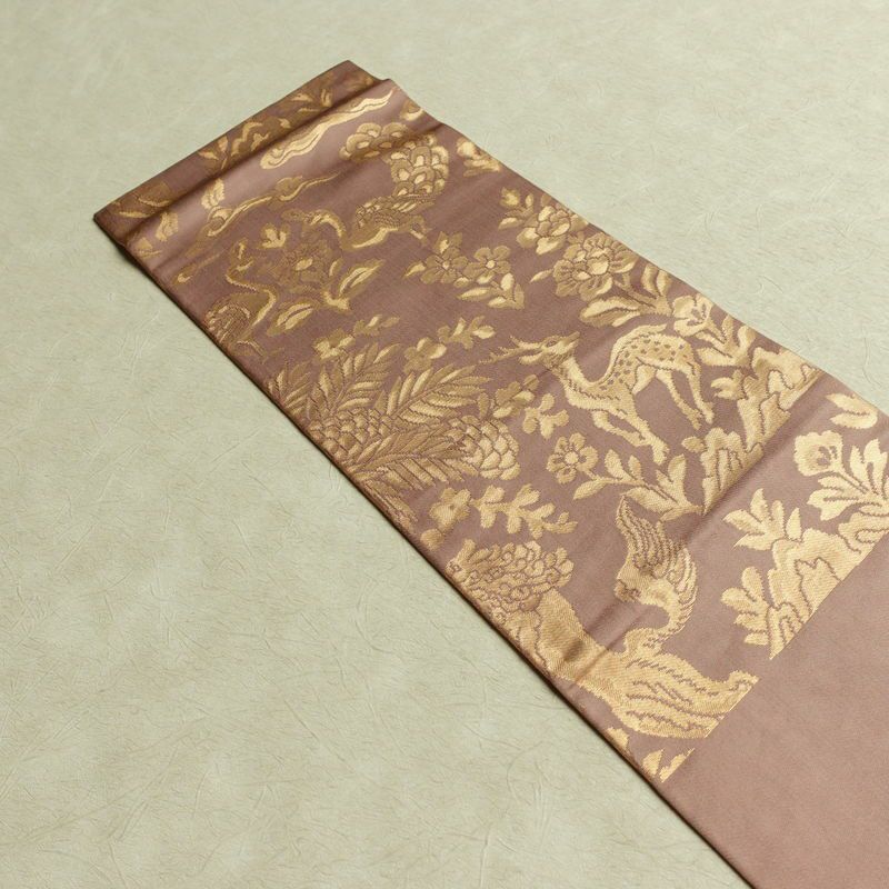 名古屋帯 六通柄 正絹 幾何学柄・抽象柄 名古屋仕立て なごや帯 リサイクル帯 帯 箔 小豆・エンジ_画像17