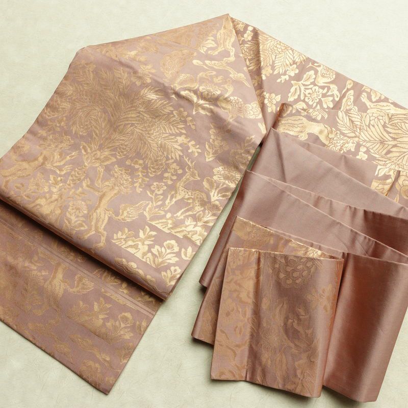 名古屋帯 六通柄 正絹 幾何学柄・抽象柄 名古屋仕立て なごや帯 リサイクル帯 帯 箔 小豆・エンジ_画像18