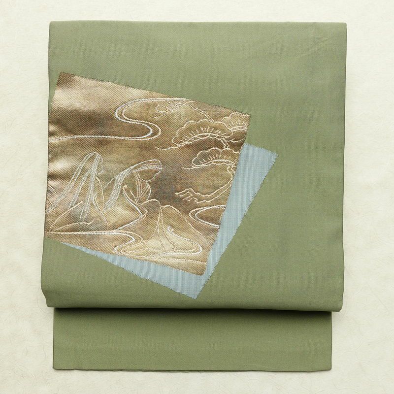 名古屋帯 太鼓柄 正絹 木の葉・植物柄 名古屋仕立て なごや帯 リサイクル帯 帯 引箔 シンプル 緑・うぐいす色_画像1