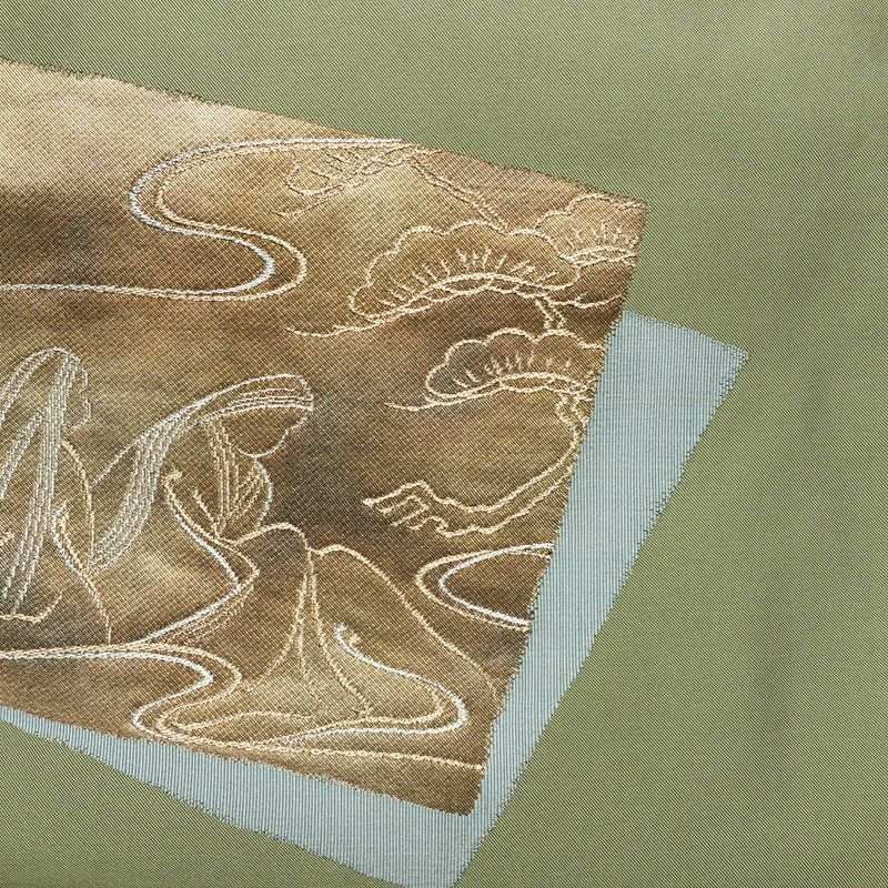 名古屋帯 太鼓柄 正絹 木の葉・植物柄 名古屋仕立て なごや帯 リサイクル帯 帯 引箔 シンプル 緑・うぐいす色_画像2