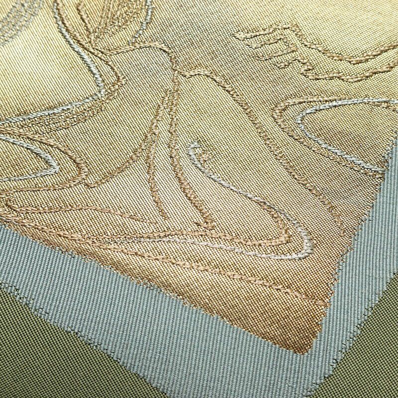 名古屋帯 太鼓柄 正絹 木の葉・植物柄 名古屋仕立て なごや帯 リサイクル帯 帯 引箔 シンプル 緑・うぐいす色_画像3