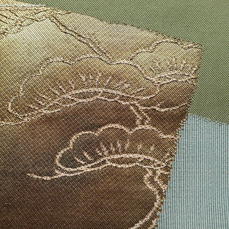 名古屋帯 太鼓柄 正絹 木の葉・植物柄 名古屋仕立て なごや帯 リサイクル帯 帯 引箔 シンプル 緑・うぐいす色_画像4