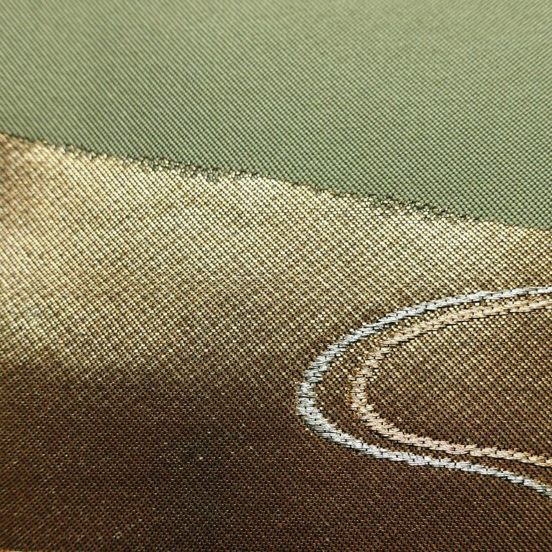 名古屋帯 太鼓柄 正絹 木の葉・植物柄 名古屋仕立て なごや帯 リサイクル帯 帯 引箔 シンプル 緑・うぐいす色_画像6