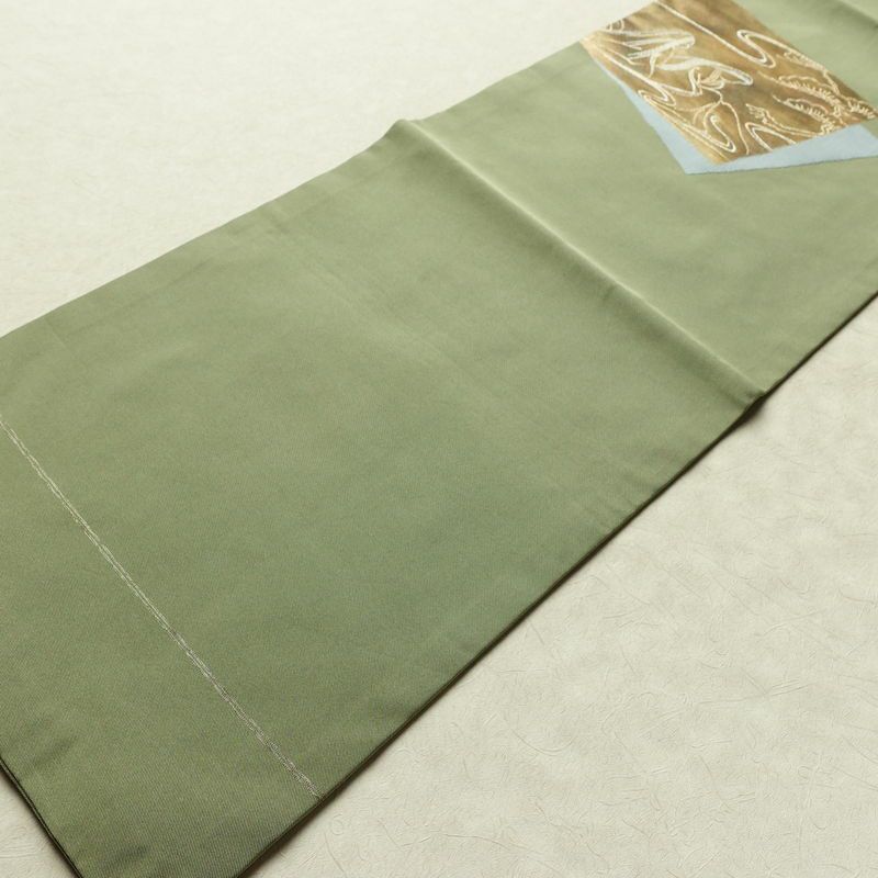 名古屋帯 太鼓柄 正絹 木の葉・植物柄 名古屋仕立て なごや帯 リサイクル帯 帯 引箔 シンプル 緑・うぐいす色_画像8