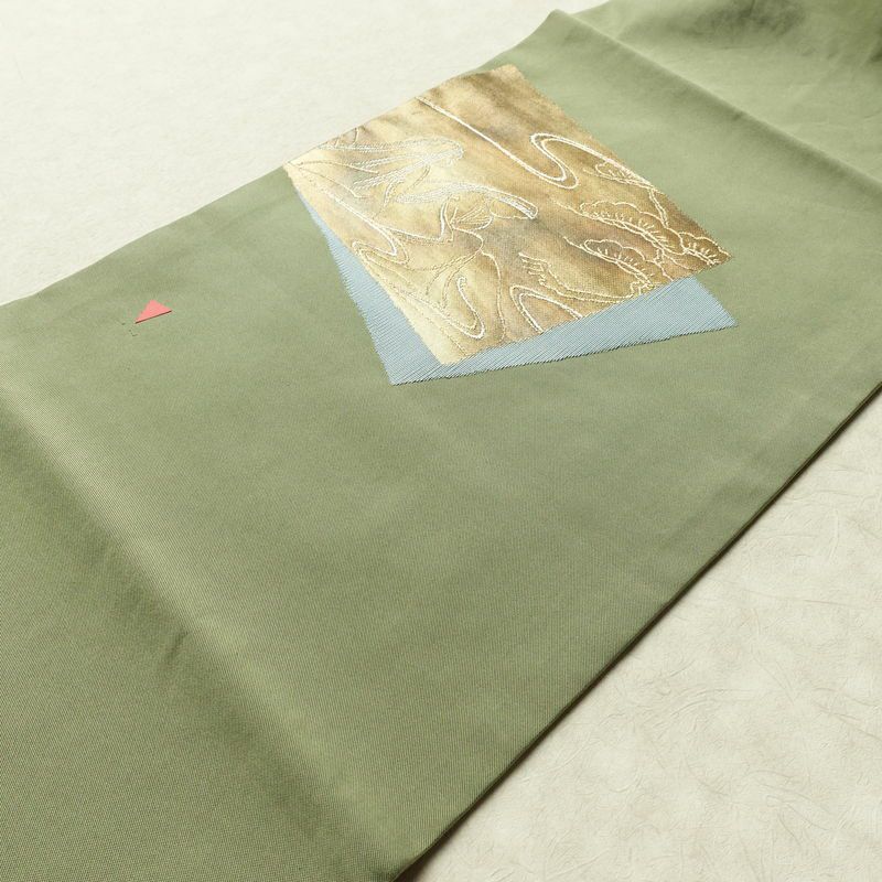 名古屋帯 太鼓柄 正絹 木の葉・植物柄 名古屋仕立て なごや帯 リサイクル帯 帯 引箔 シンプル 緑・うぐいす色_画像10