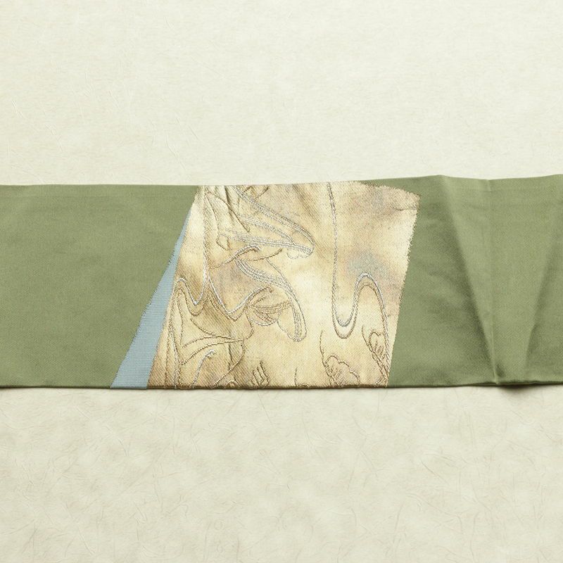 名古屋帯 太鼓柄 正絹 木の葉・植物柄 名古屋仕立て なごや帯 リサイクル帯 帯 引箔 シンプル 緑・うぐいす色_画像14