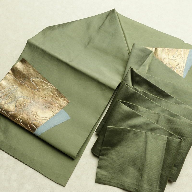 名古屋帯 太鼓柄 正絹 木の葉・植物柄 名古屋仕立て なごや帯 リサイクル帯 帯 引箔 シンプル 緑・うぐいす色_画像18