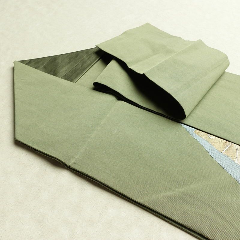 名古屋帯 太鼓柄 正絹 木の葉・植物柄 名古屋仕立て なごや帯 リサイクル帯 帯 引箔 シンプル 緑・うぐいす色_画像21