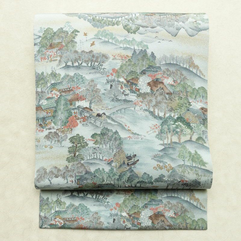 名古屋帯 金彩 全通柄 美品 縮緬 正絹 風景柄 名古屋仕立て なごや帯 リサイクル帯 帯 青・紺_画像1