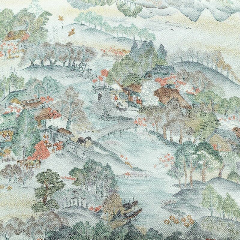 名古屋帯 金彩 全通柄 美品 縮緬 正絹 風景柄 名古屋仕立て なごや帯 リサイクル帯 帯 青・紺_画像2