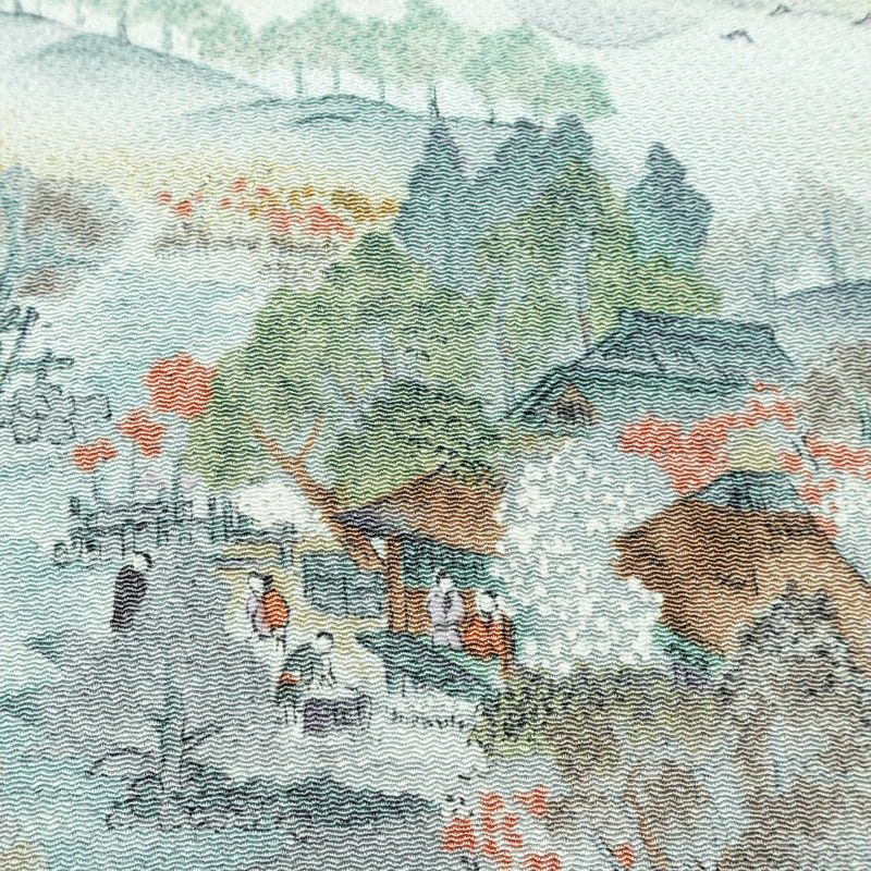 名古屋帯 金彩 全通柄 美品 縮緬 正絹 風景柄 名古屋仕立て なごや帯 リサイクル帯 帯 青・紺_画像3