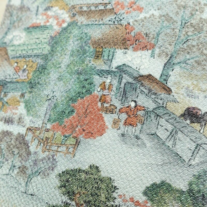 名古屋帯 金彩 全通柄 美品 縮緬 正絹 風景柄 名古屋仕立て なごや帯 リサイクル帯 帯 青・紺_画像4