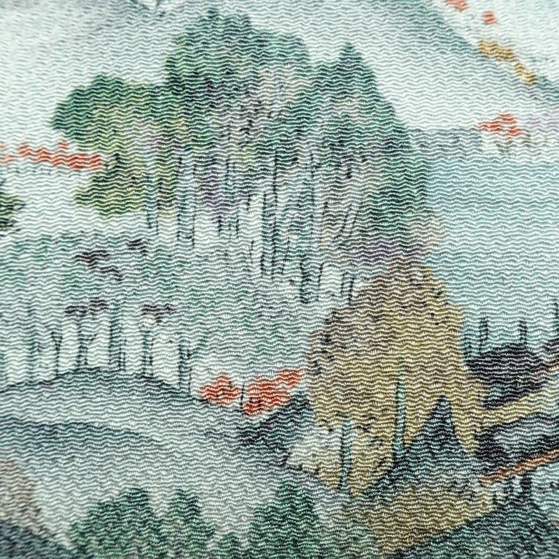 名古屋帯 金彩 全通柄 美品 縮緬 正絹 風景柄 名古屋仕立て なごや帯 リサイクル帯 帯 青・紺_画像5