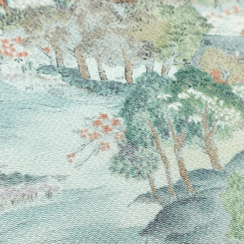 名古屋帯 金彩 全通柄 美品 縮緬 正絹 風景柄 名古屋仕立て なごや帯 リサイクル帯 帯 青・紺_画像6