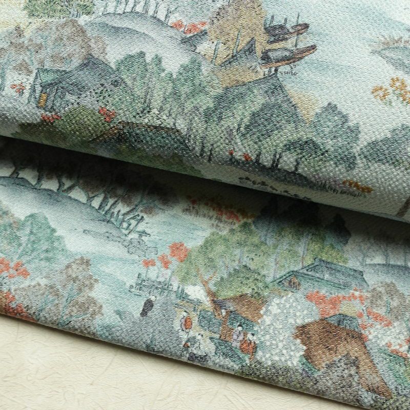 名古屋帯 金彩 全通柄 美品 縮緬 正絹 風景柄 名古屋仕立て なごや帯 リサイクル帯 帯 青・紺_画像9