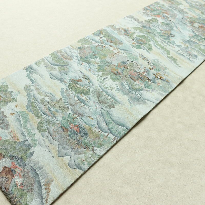 名古屋帯 金彩 全通柄 美品 縮緬 正絹 風景柄 名古屋仕立て なごや帯 リサイクル帯 帯 青・紺_画像10