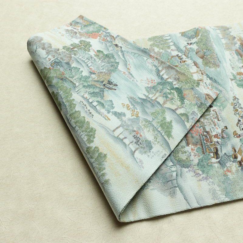名古屋帯 金彩 全通柄 美品 縮緬 正絹 風景柄 名古屋仕立て なごや帯 リサイクル帯 帯 青・紺_画像11