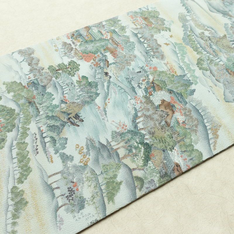 名古屋帯 金彩 全通柄 美品 縮緬 正絹 風景柄 名古屋仕立て なごや帯 リサイクル帯 帯 青・紺_画像12