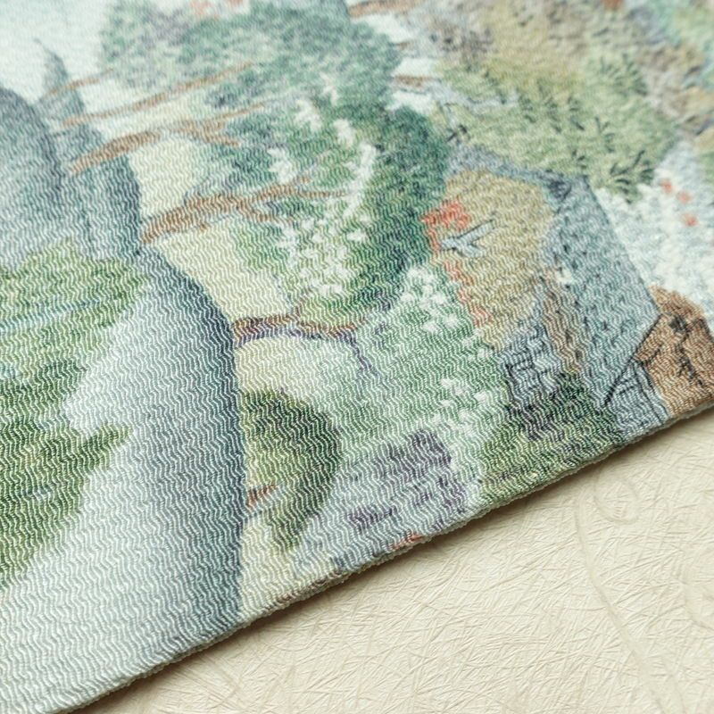 名古屋帯 金彩 全通柄 美品 縮緬 正絹 風景柄 名古屋仕立て なごや帯 リサイクル帯 帯 青・紺_画像13