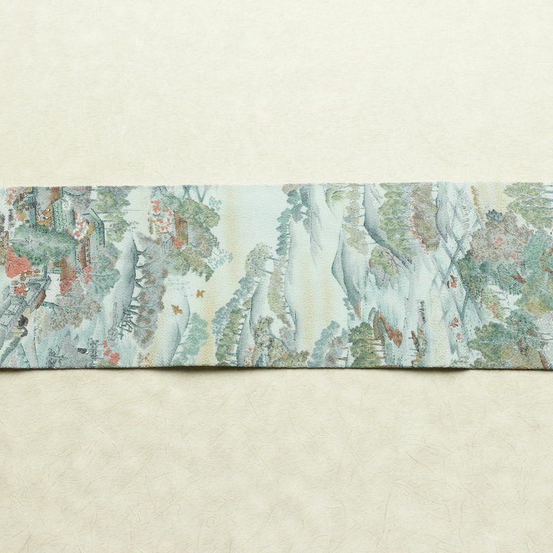 名古屋帯 金彩 全通柄 美品 縮緬 正絹 風景柄 名古屋仕立て なごや帯 リサイクル帯 帯 青・紺_画像14