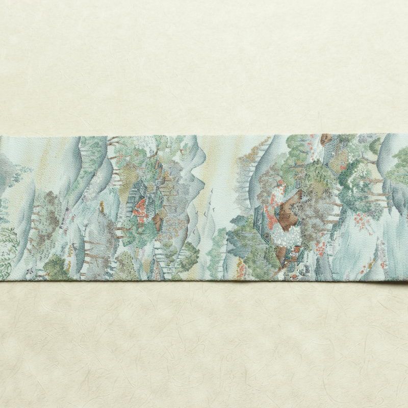 名古屋帯 金彩 全通柄 美品 縮緬 正絹 風景柄 名古屋仕立て なごや帯 リサイクル帯 帯 青・紺_画像15