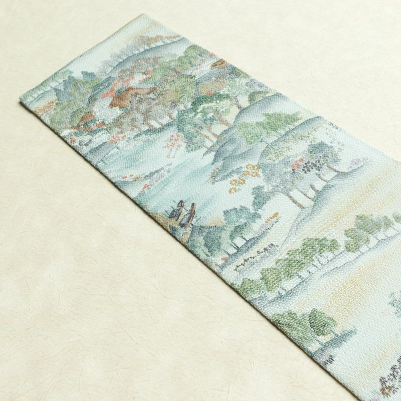 名古屋帯 金彩 全通柄 美品 縮緬 正絹 風景柄 名古屋仕立て なごや帯 リサイクル帯 帯 青・紺_画像16