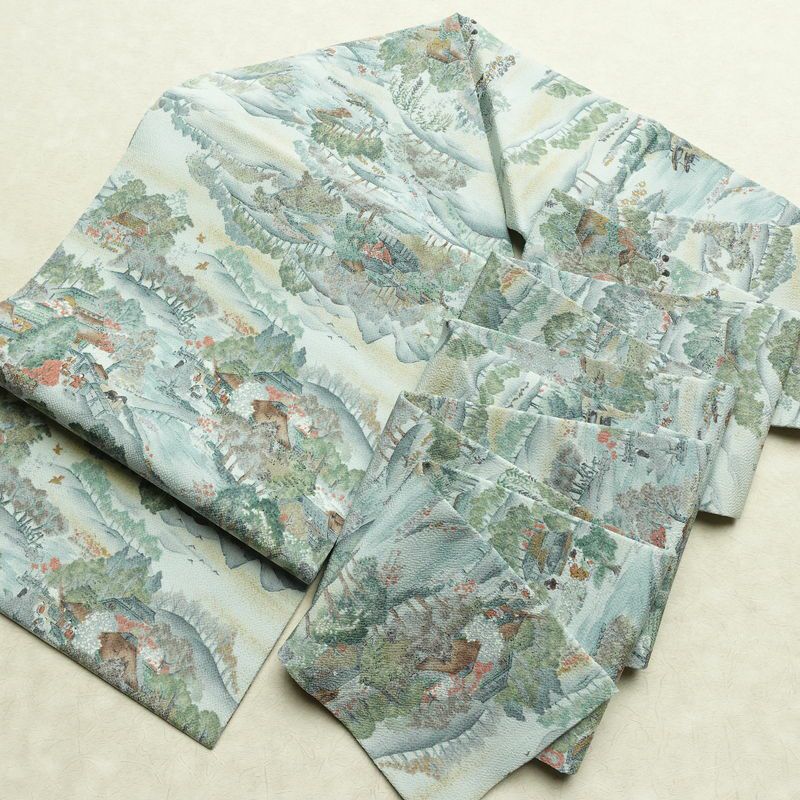 名古屋帯 金彩 全通柄 美品 縮緬 正絹 風景柄 名古屋仕立て なごや帯 リサイクル帯 帯 青・紺_画像17