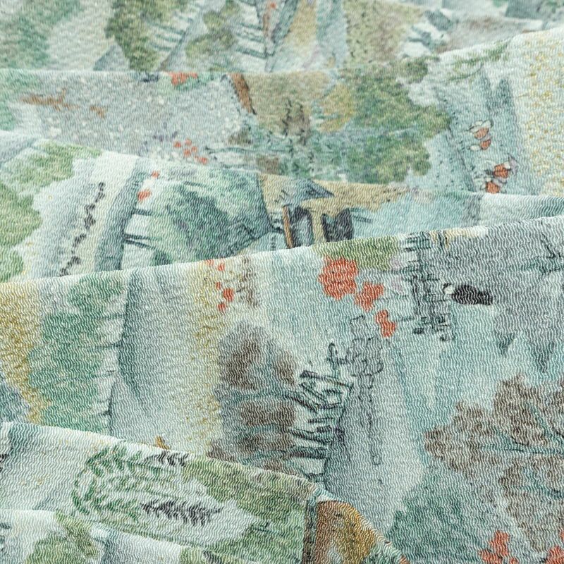 名古屋帯 金彩 全通柄 美品 縮緬 正絹 風景柄 名古屋仕立て なごや帯 リサイクル帯 帯 青・紺_画像18
