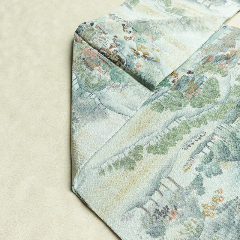 名古屋帯 金彩 全通柄 美品 縮緬 正絹 風景柄 名古屋仕立て なごや帯 リサイクル帯 帯 青・紺_画像19