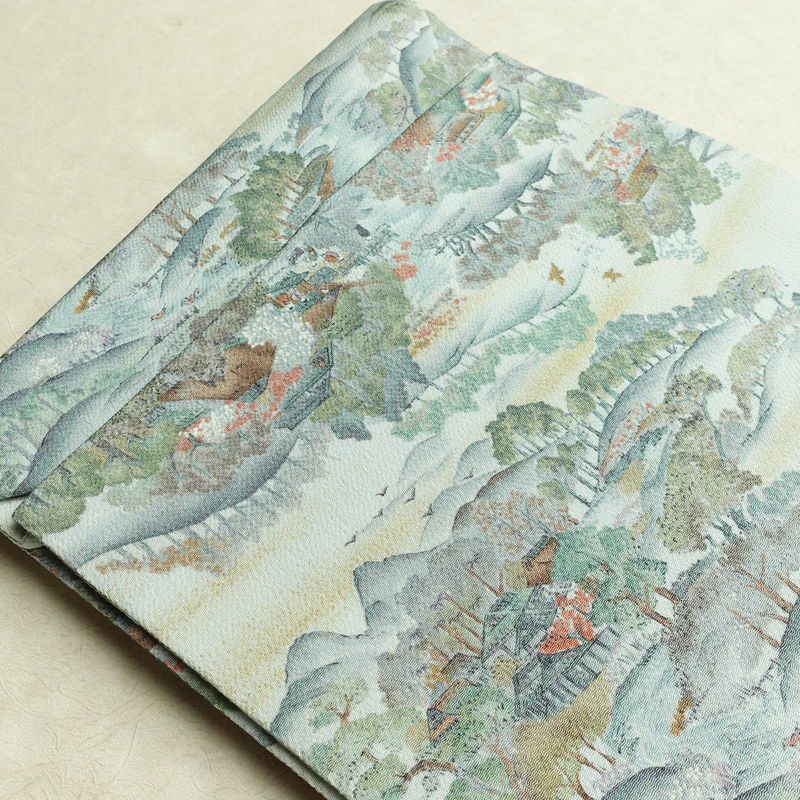 名古屋帯 金彩 全通柄 美品 縮緬 正絹 風景柄 名古屋仕立て なごや帯 リサイクル帯 帯 青・紺_画像21