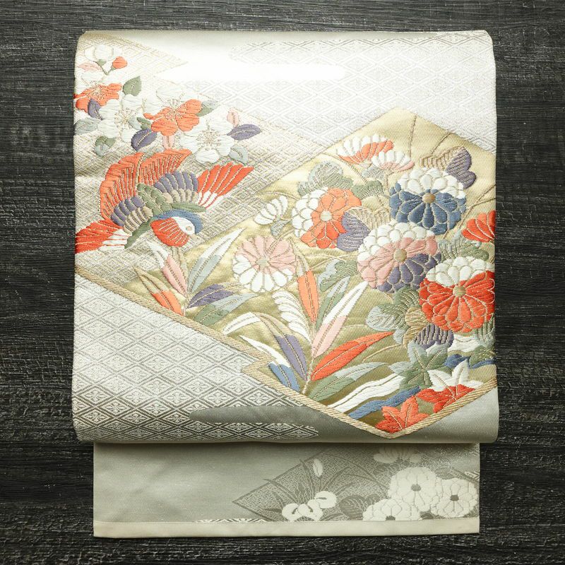 袋帯 六通柄 フォーマル用 正絹 菊 花柄 箔 帯 青・紺 | 六通柄 古着