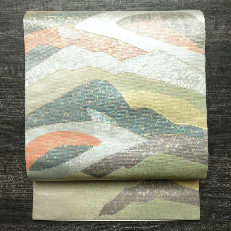 名古屋帯 太鼓柄 正絹 幾何学柄・抽象柄 名古屋仕立て なごや帯 リサイクル帯 帯 箔 白_画像1