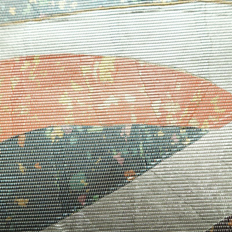 名古屋帯 太鼓柄 正絹 幾何学柄・抽象柄 名古屋仕立て なごや帯 リサイクル帯 帯 箔 白_画像6