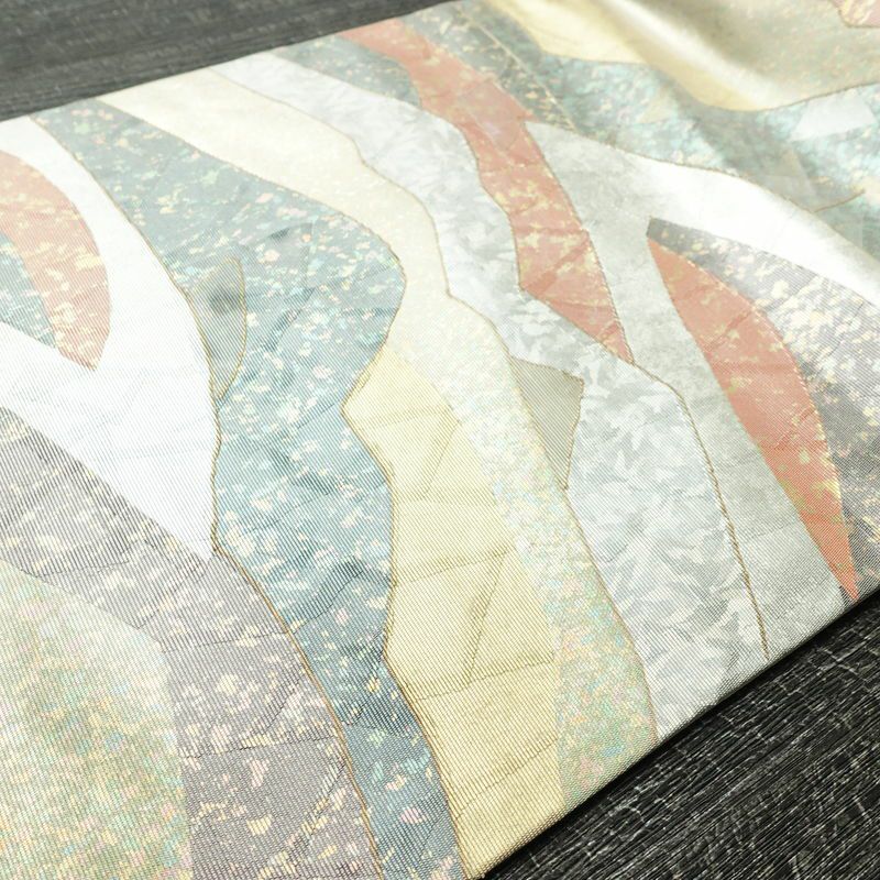 名古屋帯 太鼓柄 正絹 幾何学柄・抽象柄 名古屋仕立て なごや帯 リサイクル帯 帯 箔 白_画像11