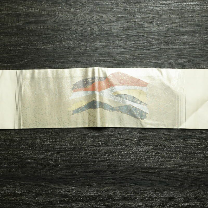 名古屋帯 太鼓柄 正絹 幾何学柄・抽象柄 名古屋仕立て なごや帯 リサイクル帯 帯 箔 白_画像13