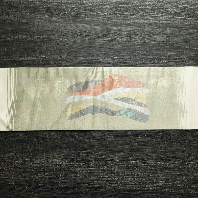 名古屋帯 太鼓柄 正絹 幾何学柄・抽象柄 名古屋仕立て なごや帯 リサイクル帯 帯 箔 白_画像14