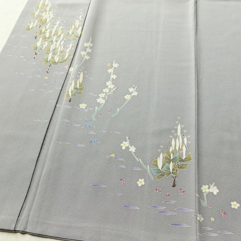 色留袖 落款入り 縮緬 正絹 幾何学柄・抽象柄 袷仕立て 身丈157.5cm 裄丈63.5cm リサイクル着物 着物 共八掛 シンプル グレー_画像4