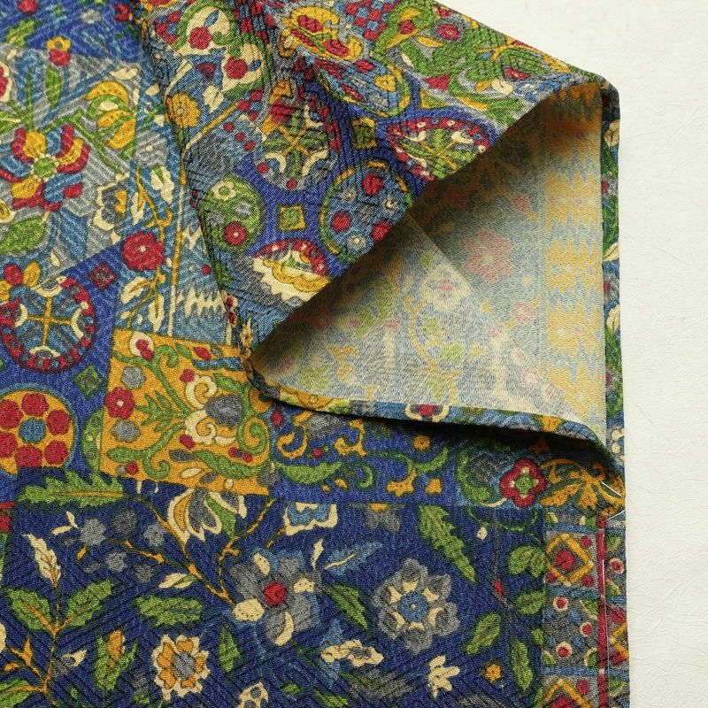 単衣 小紋 美品 しつけ糸付き バチ衿仕立て 正絹 幾何学柄・抽象柄 単衣仕立て 身丈157cm 裄丈62.5cm リサイクル着物 着物 モダン 青・紺_画像16